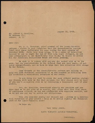 Sacco-Vanzetti Defense Committee typed letter (copy) to Albert Hines Hamilton, Boston, Mass., August 13, 1925