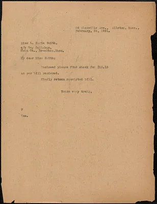 Typed note to L. Marie Smith, Allston, Mass., February 24, 1921
