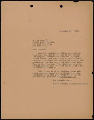 Sacco-Vanzetti Defense Committee typed letter (copy) to H. Rogoff (Jewish Daily Forward), Boston, Mass., December 21, 1923