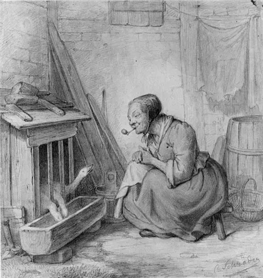 Old Woman with Pipe and Geese