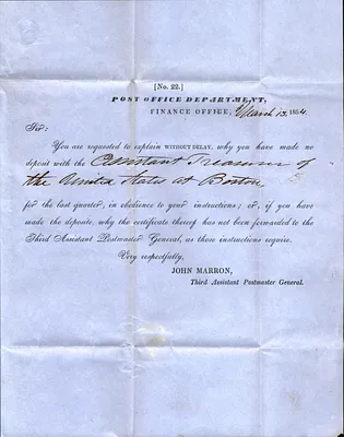 John Marron (3rd Ass’t Postmaster) to Ephraim Spooner (1804-1887) March 13 1854