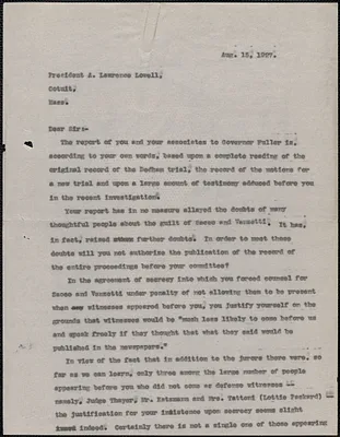 Mary Donovan, Aldino Felicani, Joseph Moro and Gardner Jackson typed letter (copy) to A. Lawrence Lowell, Boston, Mass., August 15, 1927