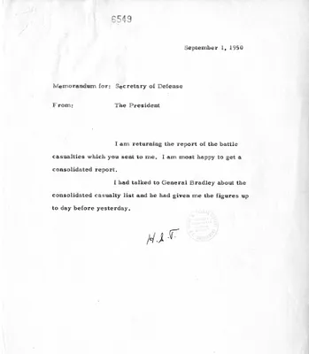 Memorandum from President Harry S. Truman to Secretary of Defense Louis Johnson, with Attachment