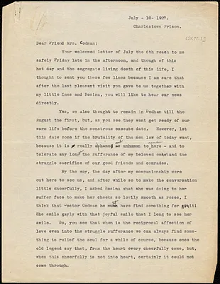 Nicola Sacco typed letter (copy) to Mrs. [Katherine B.] Codman, Charlestown, 10 July 1927