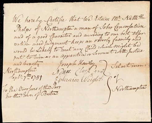Mary Craigie indentured to apprentice with Nathaniel Phelps of Northampton, 15 September 1759