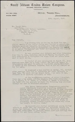 W. Andrews (South African Trades Union Congress) typed letter signed to Joseph Moro, Johannesburg, South Africa, August 10, 1927