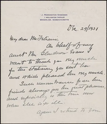 John Pennington Gardiner autograph letter signed to [Aldino] Felicani, Brookline, Mass., December 29, 1931