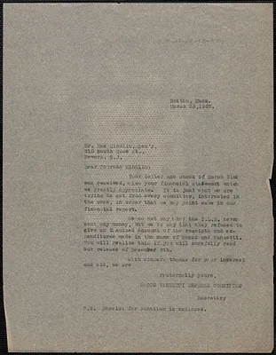 Sacco-Vanzetti Defense Committee typed letter (copy) to Max Mindlin (Sacco & Vanzetti Defense Committee, Newark), Boston, Mass., March 25, 1927