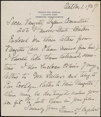 Francis H. Bigelow autograph letter signed to Sacco-Vanzetti Defense Committee, Cambridge, Mass., October 1, 1927
