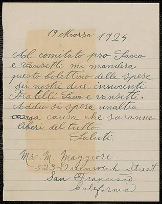 M. Maggiore autograph note signed, in Italian, to Sacco-Vanzetti Defense Committee, San Francisco, Calif., March 19, 1924