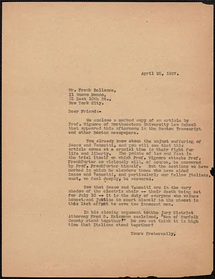 Sacco-Vanzetti Defense Committee typed letter (circular) to Frank Bellanca (Il Novo Mondo), Boston, Mass., April 25, 1927