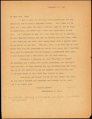 Nicola Sacco typed letter (copy) to Mrs. [Cerise] Jack, [Dedham], 11 December 1923