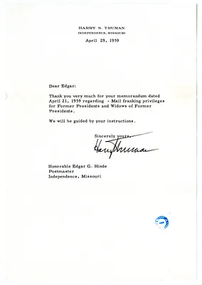 Letter from Harry S. Truman to Edgar Hinde