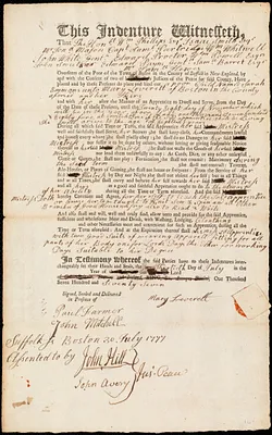 Sarah Emmons indentured to apprentice with Mary Leverett of Boston, 30 July 1777