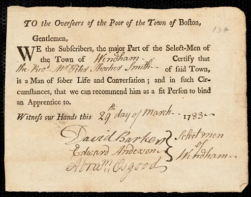James Rogers indentured to apprentice with Peter Thatcher Smith of Windham, 14 March 1783