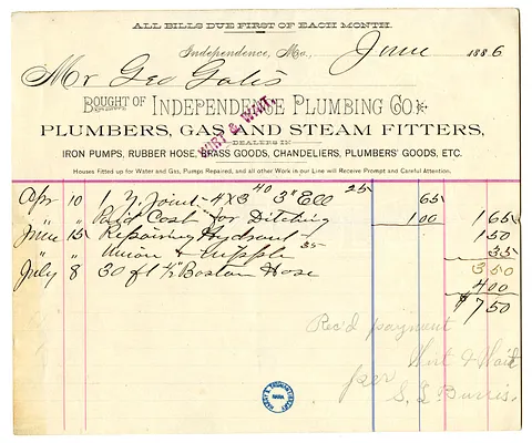 Bill and Receipt from Independence Plumbing Company to George P. Gates