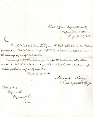 Horatio King (1st Assistant Postmaster) to Ephraim Spooner (1804-1887) Aug. 31 1854