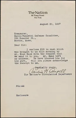Pauline K. Angell (The Nation) typed note signed to Sacco-Vanzetti Defense Committee, New York, N.Y., August 22, 1927