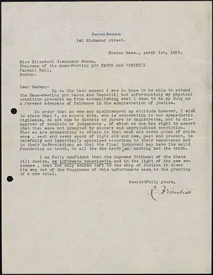 R. Brindisi typed letter signed to Elizabeth Glendower Evans, Boston, Mass., March 1, 1925