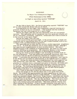 Report by Major Yuri Alexeyevich Gagarin, Pilot-Cosmonaut