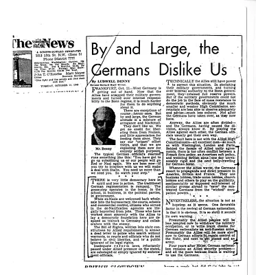 Newspaper Clipping, Washington Daily News, "By and Large, the Germans Dislike Us"