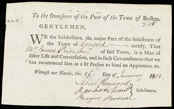 Lewis Smith indentured to apprentice with James Price of Concord, 1 January 1801