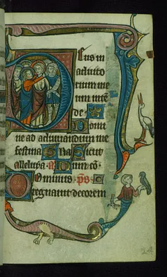 Leaf from Book of Hours: Lauds, Initial ""D"" with the Betrayal of Christ and Marginal Drollery of a Crane, Falconer, and Dragon