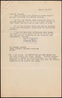 Jeannette Marks autograph letter signed to Gardner Jackson, Westport, N. Y., August 30, 1927