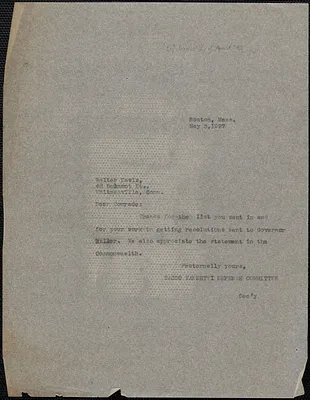 Sacco-Vanzetti Defense Committee typed note (copy) to Walter E. Davis, Boston, Mass., May 3, 1927