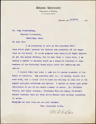 Du Bois, W. E. B. (William Edward Burghardt), 1868-1963 typed letter signed to Hugo Münsterberg, Atlanta, Ga., 04 November 1909