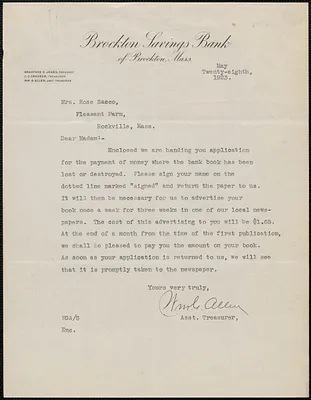 William G. Allen (Brockton Savings Bank) typed letter signed to Rose Sacco, Brockton, Mass., May 28, 1923