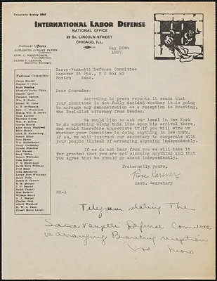Rose Karsner (International Labor Defense) typed letter signed to Sacco-Vanzetti Defense Committee, Chicago, Ill., May 25, 1927