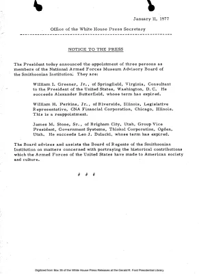 President announced the appointment of three persons as members of the National Armed Forces Museum Advisory Board of the Smithsonian Institution [Position Appointments and Resignations]