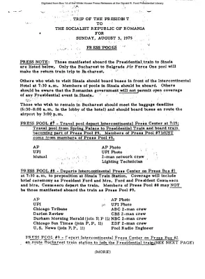 Trip of the President to the Socialist Republic of Romania for Sunday, August 3, 1975 [Pool Assignments]