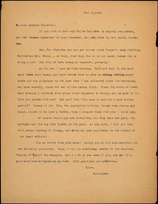 Bartolomeo Vanzetti typed letter (copy) to Alice Stone Blackwell, [Charlestown], 2 November 1926