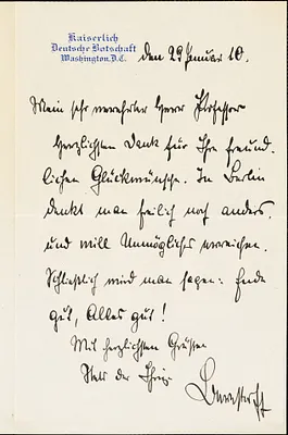 Bernstorff, Johann Heinrich, Graf von, 1862-1939 autograph letter signed to Hugo Münsterberg, Washington, D.C., 29 January 1910