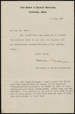 Marion Tomlinson typed note signed to Joseph Moro, Cambridge, Mass., July 5, 1927