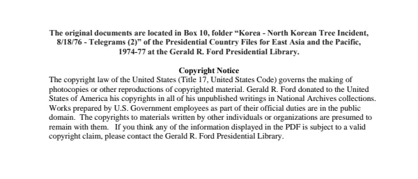 Korea - North Korean Tree Incident, 8/18/76 - Telegrams (2)