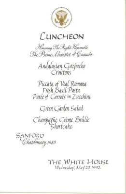 Cards-Menus, Luncheon, Honoring The Right Honorable The Prime Minister of Canada, The White House, May 20, 1992