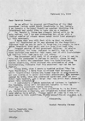 Letter from Daniel F. Clancy to Senator Scott Lucas