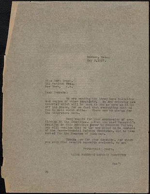 Sacco-Vanzetti Defense Committee typed letter (copy) to Mary C. Trask, Boston, Mass, May 5, 1927