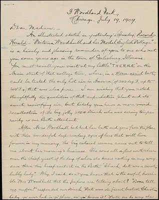 Las Casas L. Dean, autograph letter signed to [Victoria Woodhull Martin], Chicago, July 19, 1909
