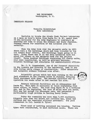 War Department Press Release