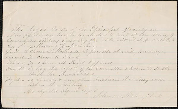 Annual meeting notice for the Episcopal Society of Marshfield to have a meeting at Covington Tilden’s house