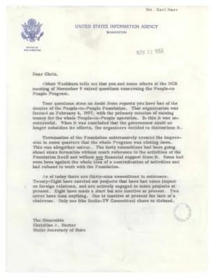 Letter, George V. Allen to Christian Herter Regarding Termination of the People-to-People Program