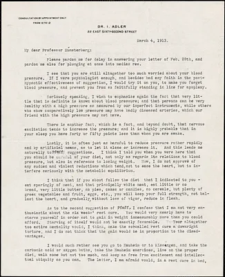 Adler, I. (Isaac), 1849-1918 typed letter signed to Hugo Münsterberg, New York, 04 March 1913