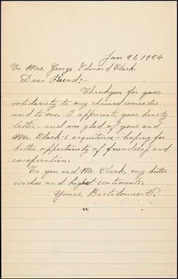 Bartolomeo Vanzetti autographed note signed to Mrs. George Edward Clark, [Charlestown], 21 June 1924