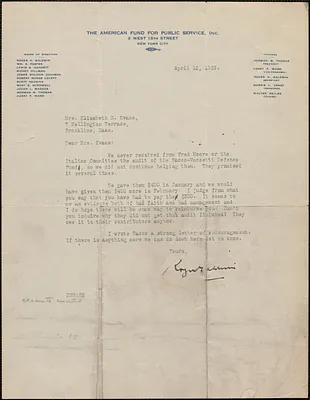 Roger N. Baldwin (The American Fund For Public Service, Inc.) typed letter signed to Elizabeth G[lendower] Evans, New York, N. Y., April 12, 1923