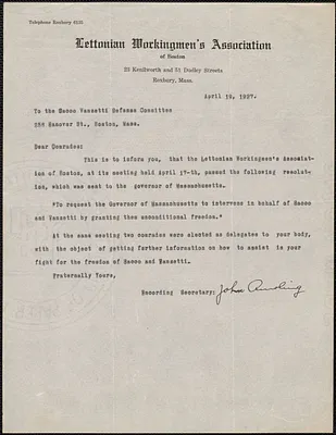 John [Amoling?] typed letter signed (Lettonian Workingmen's Association of Boston) typed letter signed to Sacco-Vanzetti Defense Committee, Boston, Mass., April 19, 1927