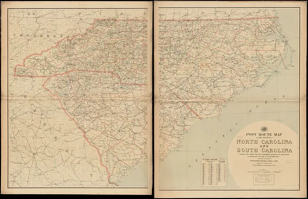 Post route map of the states of North Carolina and South Carolina showing post offices with the intermediate distances and mail routes in operation on the 1st of December, 1897